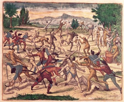 Pedro de Alvarado y sus soldados masacrando a los aztecas, c.1520 de Theodore de Bry